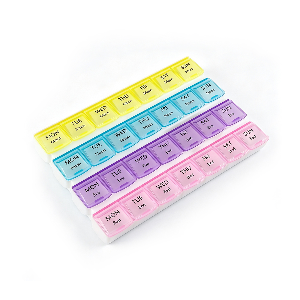Dagelijkse wekelijkse pillenorganizer 4 compartimenten per dag, 7 dagen AM PM Eve Bedtime kleurgecodeerde medicatiecontainer, pillenetui met grote capaciteit voor ouderen, reizen, vitaminen en pillen