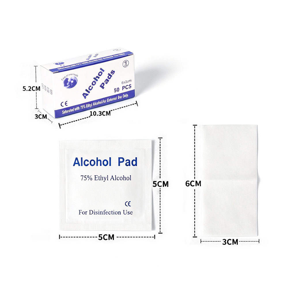 50 stuks/doos 75% individueel verpakt 6x3cm desinfectie-ethylalcoholdoekjes voor eerste hulp en persoonlijke verzorging