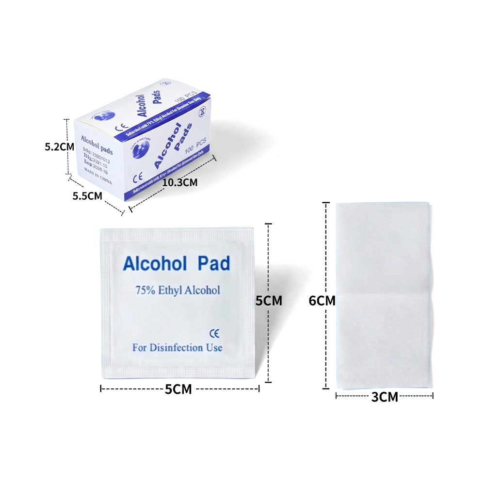 100 stuks/doos, 3 cm x 6 cm groot, individueel verpakte 75% alcoholvoorbereidingspads