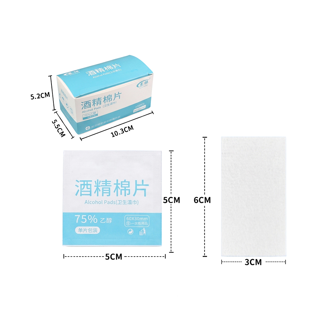100 pads/doos 75% alcoholvoorbereidingspads (6x3 cm) voor thuis, op kantoor en eerste hulp